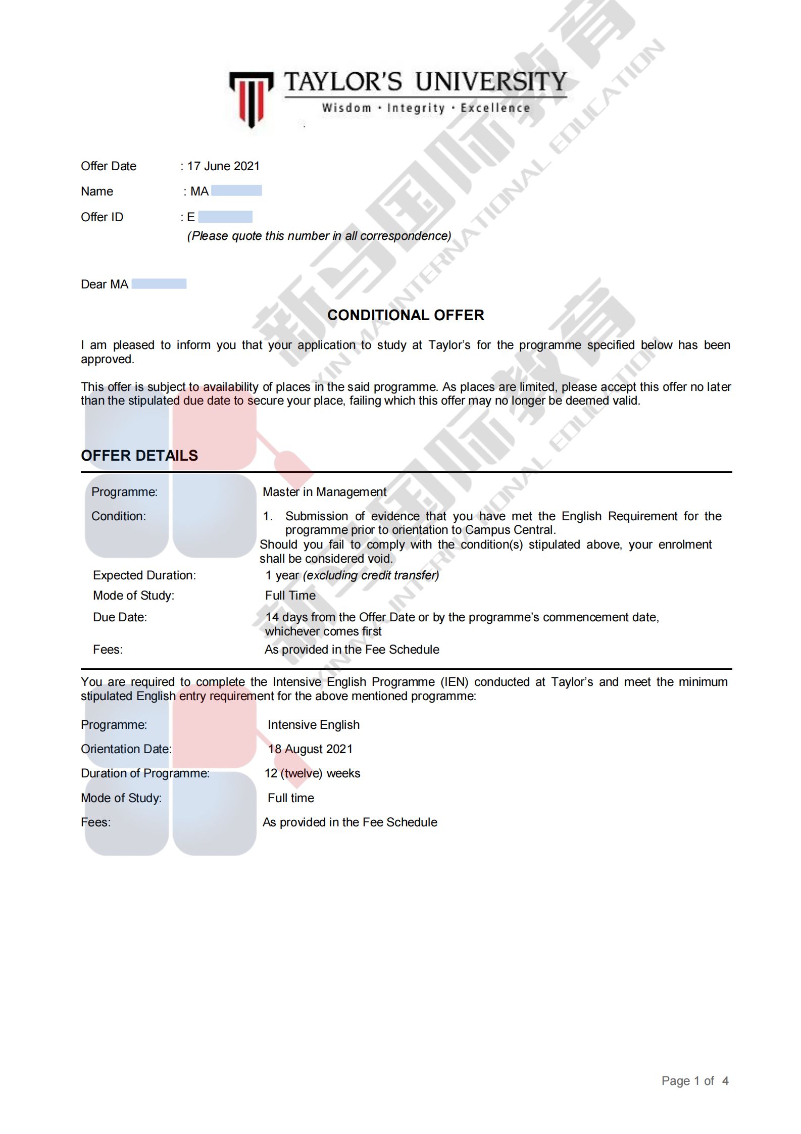 馬來西亞留學-馬同學泰萊大學【管理碩士】offer成功案例(圖2)